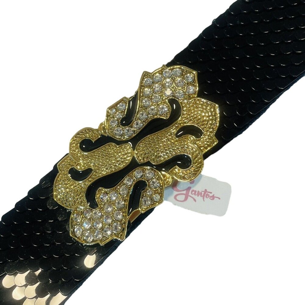 Vintage Gantos S Black Sequence Belt W Gold Bling Buckle Stretch 26” Or Bigger - Picture 2 of 13